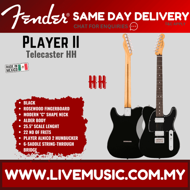 Fender Player II Telecaster HH Electric Guitar, RW FB - Black / Aquatone Blue