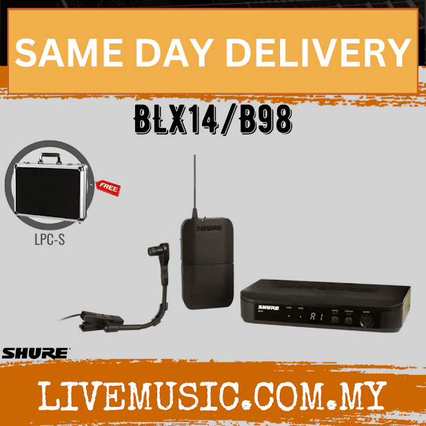 Shure BLX14/B98 Instrument Wireless System, BLX4 Receiver, BLX1 Bodypack Transmitter & Beta 98H/C Cardioid Condenser Microphone ( BLX14 B98 / BLX14B98 )