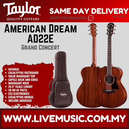 Taylor American Dream AD22e Grand Concert Mahogany Acoustic Guitar w/AeroCase, Natural