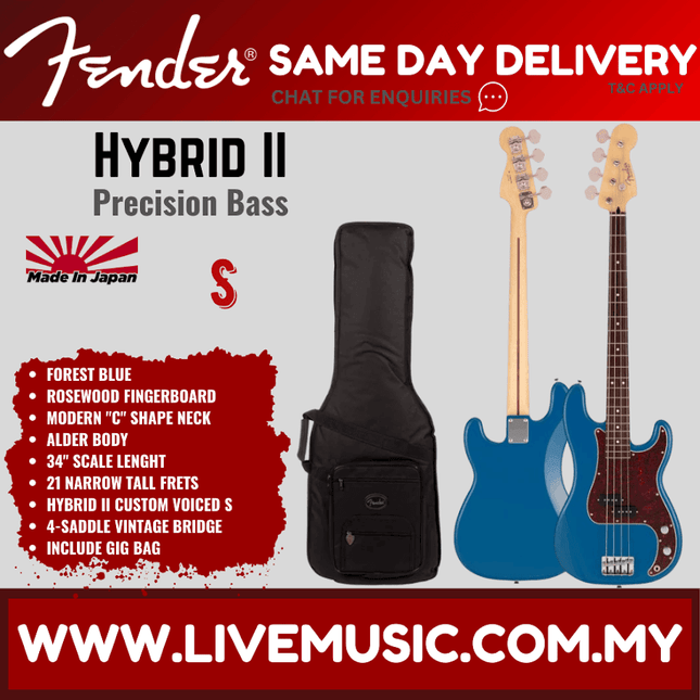 Fender Japan Hybrid II Precision Bass Guitar, Rosewood Fretboard with Gig Bag - Forest Blue