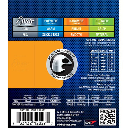Elixir 12027 Nanoweb Coated Electric Guitar String, Custom Light (9-46)