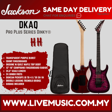 Jackson Pro Plus Series Dinky DKAQ Electric Guitar, Ebony FB, Transparent Purple Burst