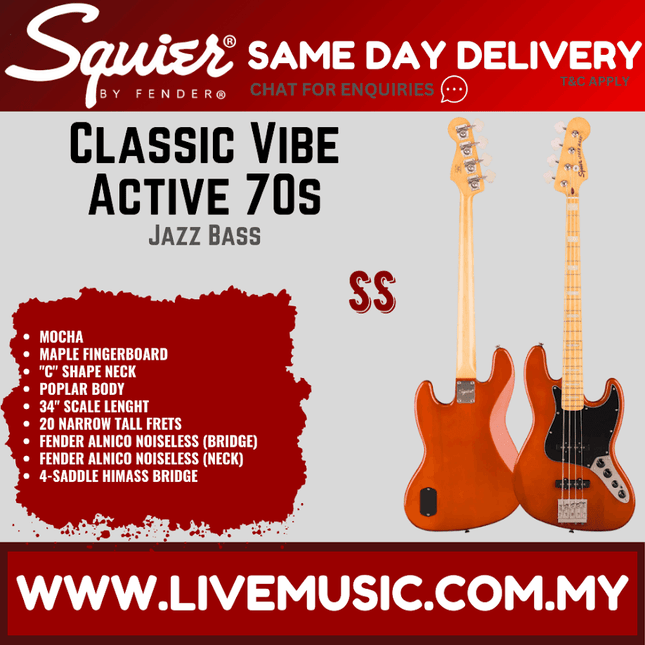 Squier Classic Vibe Active 70s Jazz Bass Guitar, Maple FB, Mocha