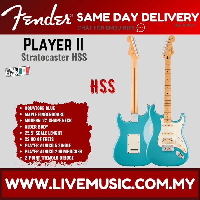 Fender Player II Stratocaster HSS Electric Guitar, Maple FB, Hialeah Yellow / Aquatone Blue / Black