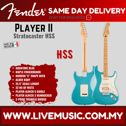 Fender Player II Stratocaster HSS Electric Guitar, Maple FB, Hialeah Yellow / Aquatone Blue / Black