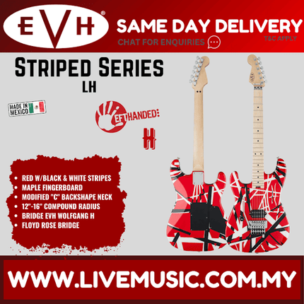EVH Striped Series Left-Handed Electric Guitar, Maple FB, Red/Black and White Stripes
