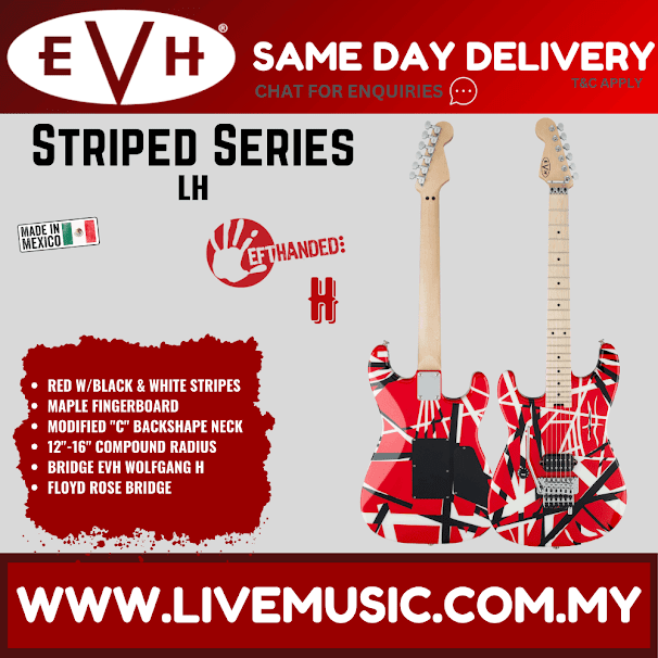 EVH Striped Series Left-Handed Electric Guitar, Maple FB, Red/Black and White Stripes