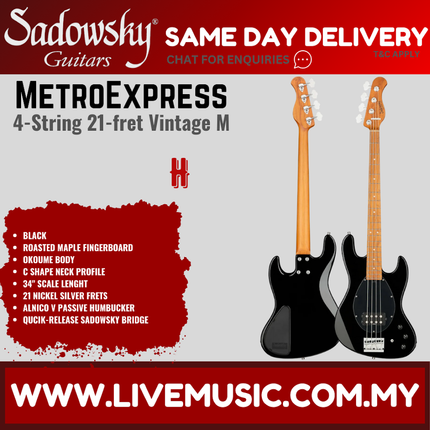 Sadowsky MetroExpress 21-fret Vintage M Bass Guitar, Roasted Maple FB, Black