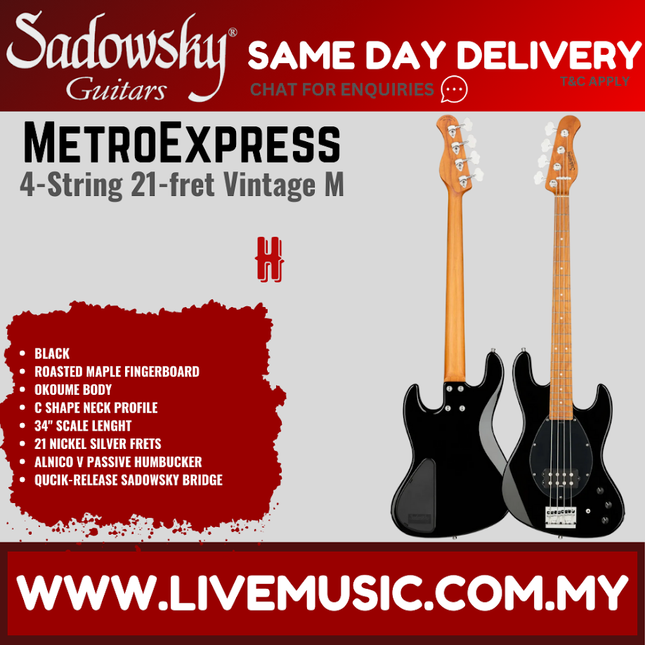 Sadowsky MetroExpress 21-fret Vintage M Bass Guitar, Roasted Maple FB, Black