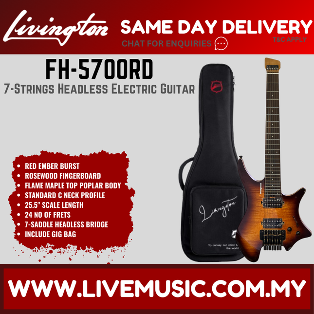 Livingston FH-5700 7-String Headless Electric Guitar w/GA15II Amplifier, RW Fretboard -Red Ember Burst ( FH5700 FH 5700 )
