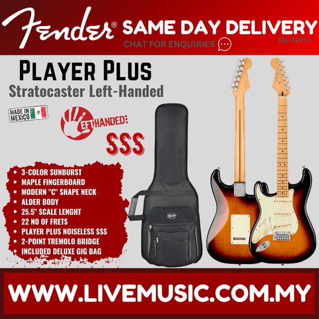 Fender Player Plus Stratocaster Left-Handed Electric Guitar, Maple FB, 3-Color Sunburst