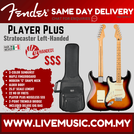 Fender Player Plus Stratocaster Left-Handed Electric Guitar, Maple FB, 3-Color Sunburst