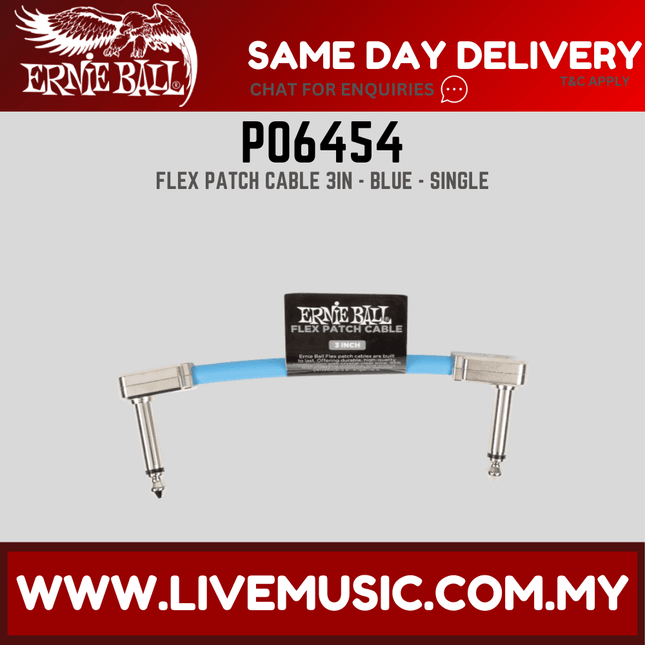 Ernie Ball P06454 FLEX Instrument Patch Cable 3 Inch Single, Blue