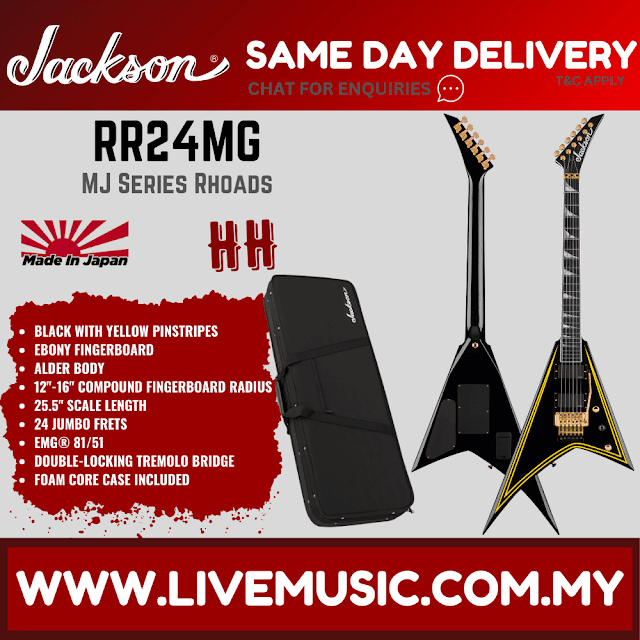Jackson MJ Series Rhoads RR24 MG Electric Guitar, Ebony FB, Black/Yellow Pinstripes