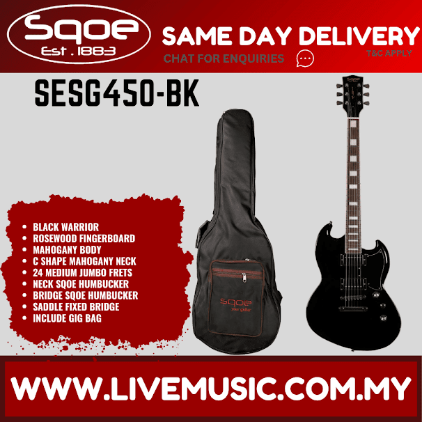 Sqoe SESG450 Arsenal Devils Horn Electric Guitar w/Gig Bag, Rosewood FB - Black Warrior ( SESG-450 / SESG 450 )