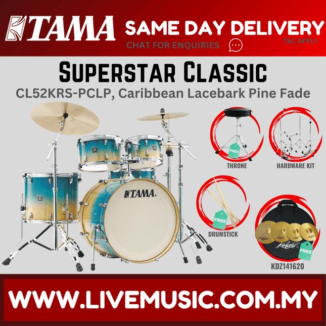 Tama Superstar Classic drum kit set with cymbals, caribbean lacebark pine fade shells