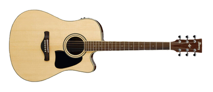 Natural acoustic-electric guitar front view with soundhole, black pickguard, and headstock