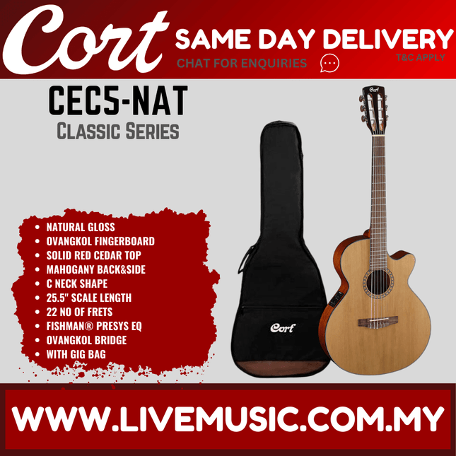 Cort CEC5 Classical Guitar with Gig Bag - Natural Glossy (CEC 5/CEC-5)