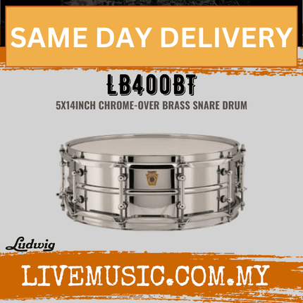 Ludwig LB400BT 5x14inch Chrome-Over Brass Snare Drum, Smooth Shell, Tube Lugs