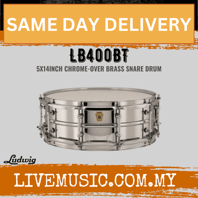 Ludwig LB400BT 5x14inch Chrome-Over Brass Snare Drum, Smooth Shell, Tube Lugs