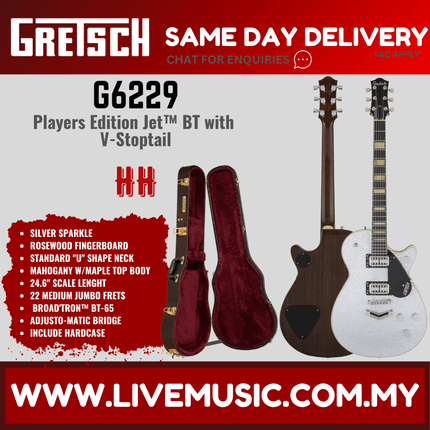 Gretsch G6229-PE Players Edition Silver Jet BT Electric Guitar w/V-Stoptail, Silver Sparkle