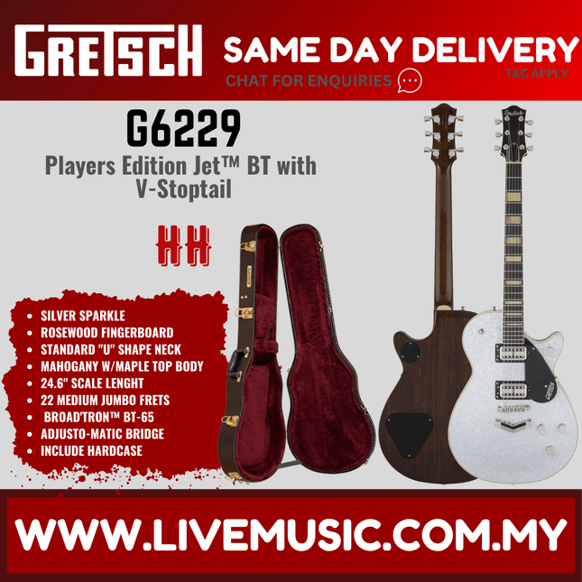 Gretsch G6229-PE Players Edition Silver Jet BT Electric Guitar w/V-Stoptail, Silver Sparkle