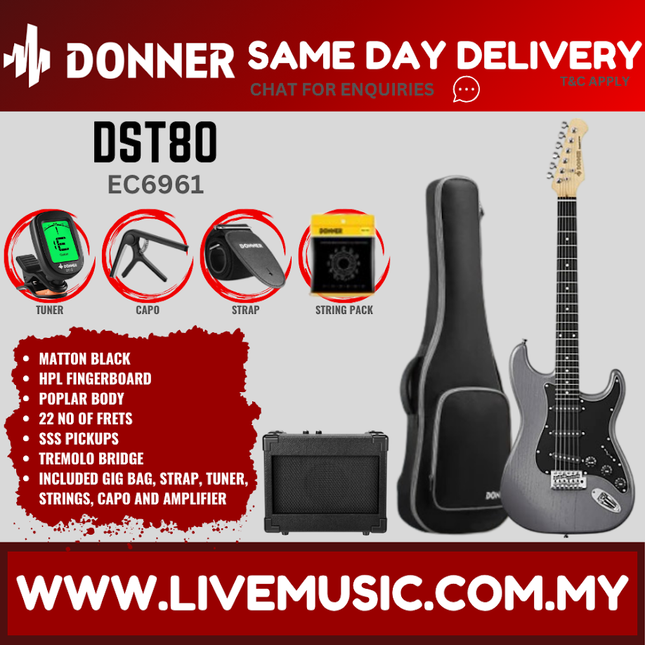 Donner EC6961 DST-80 Electric Guitar w/Gigbag, HPL Fingerboard, Matton Black ( DST80 / DST 80 )