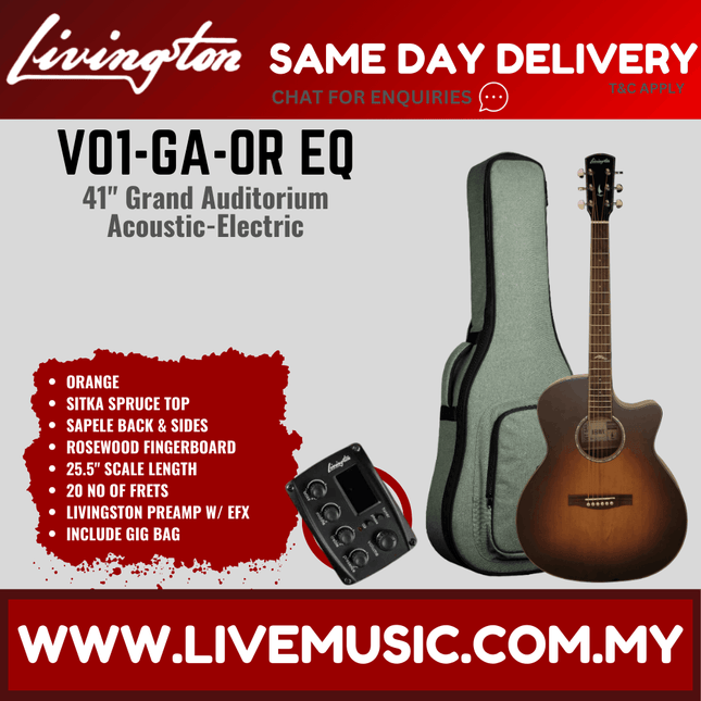 Orange acoustic-electric guitar with rosewood fingerboard and EQ, includes gig bag.