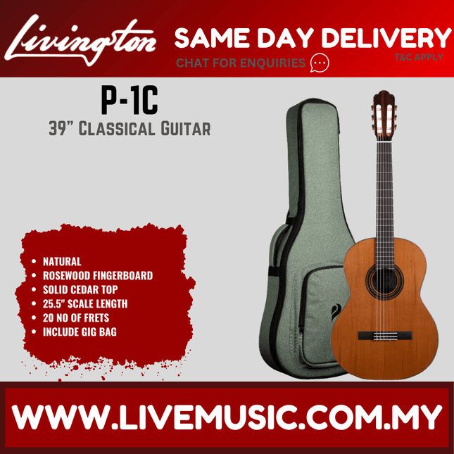 Livingston P-1C 39" Solid Cedar Top Classical Guitar, Rosewood FB, Natural ( P 1C P1C )