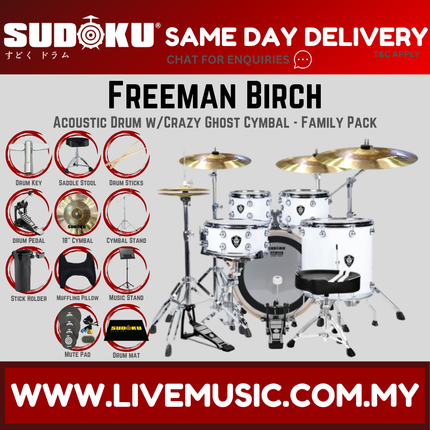 Sudoku Freeman Birch Acoustic Drum Set Adult Drum With Accessories - Clear White