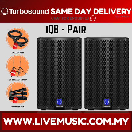 Turbosound iQ8 2500W 8 inch Powered Speaker w/Wireless Mic, Speaker Stand And Cable - Each / Pair ( iQ-8 / iQ 8 )