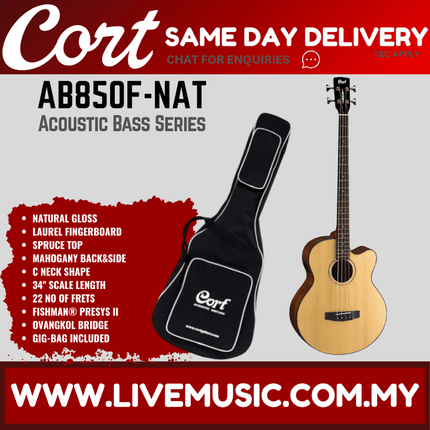 Cort AB-850F Acoustic Bass W/EQ W/Bag - Natural ( AB850FNT / AB 850F / AB850F )