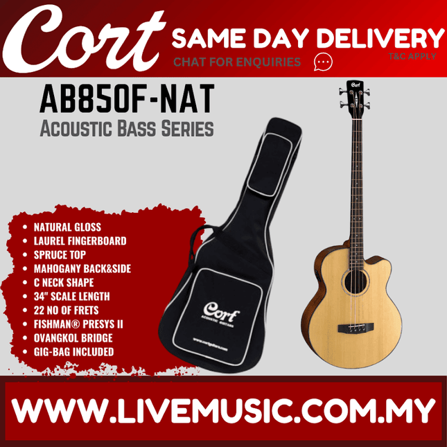 Cort AB-850F Acoustic Bass W/EQ W/Bag - Natural ( AB850FNT / AB 850F / AB850F )