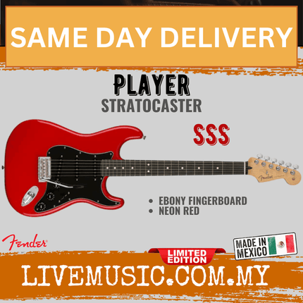 Fender Limited Edition  Player Stratocaster Electric Guitar, Ebony FB, Neon Red