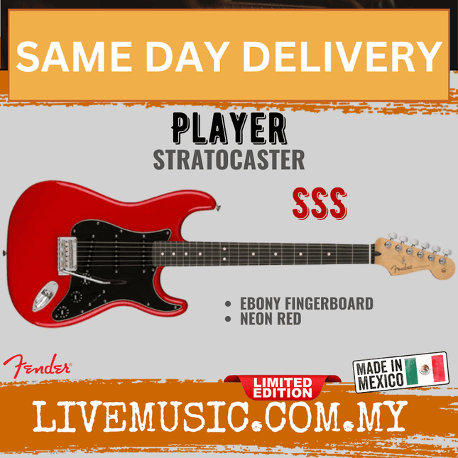 Fender Limited Edition  Player Stratocaster Electric Guitar, Ebony FB, Neon Red