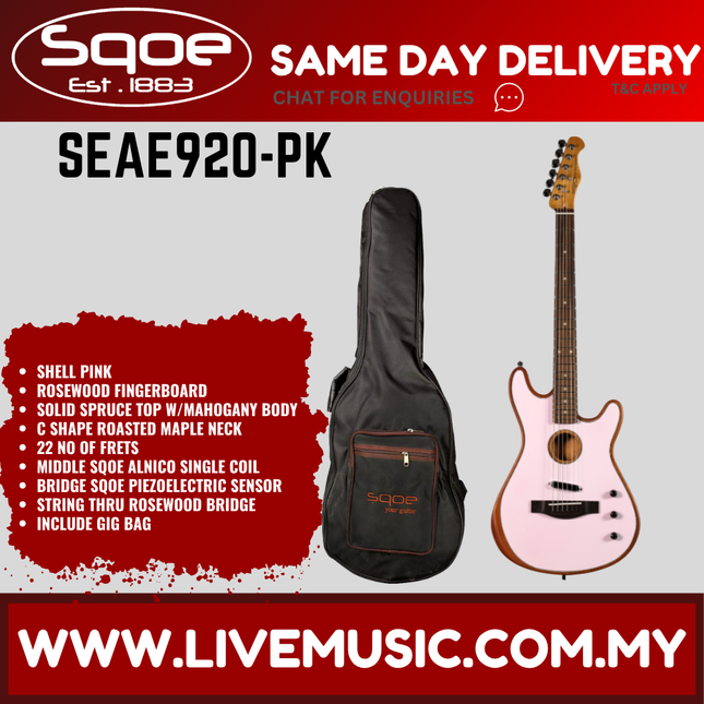 Sqoe SEAE920 Acoustasonic Telecaster Acoustic Electric Guitar w/Bag, Rosewood FB - Pink ( SEAE 920 / SEAE-920 )