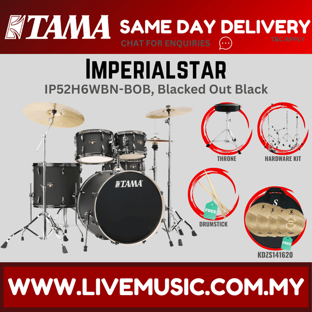 Black drum set with throne and silent cymbal hardware kit, Imperialstar IP52H6WB-BOB