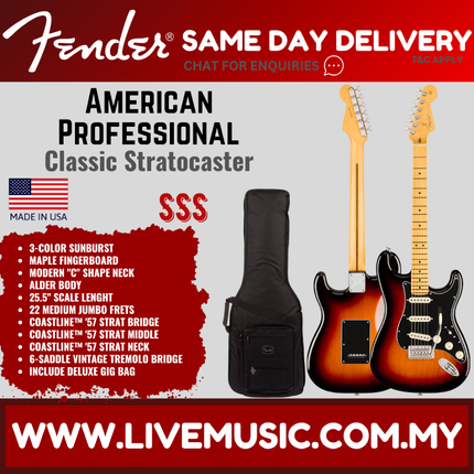 Fender American Professional Classic Stratocaster Electric Guitar, Maple FB, 3-Color Sunburst