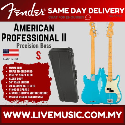 Fender American Professional II Precision Bass Electric Guitar, Maple Fretboard - Miami Blue