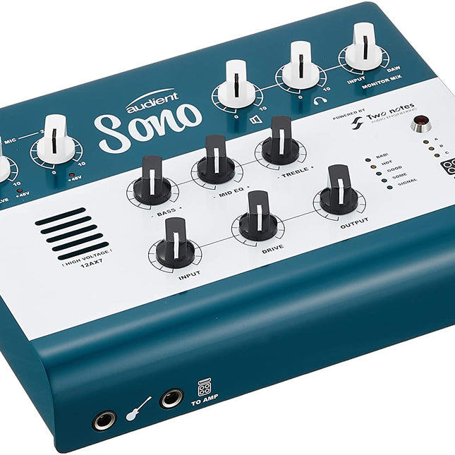 Audient Sono guitar recording audio interface, teal body with white front panel and controls