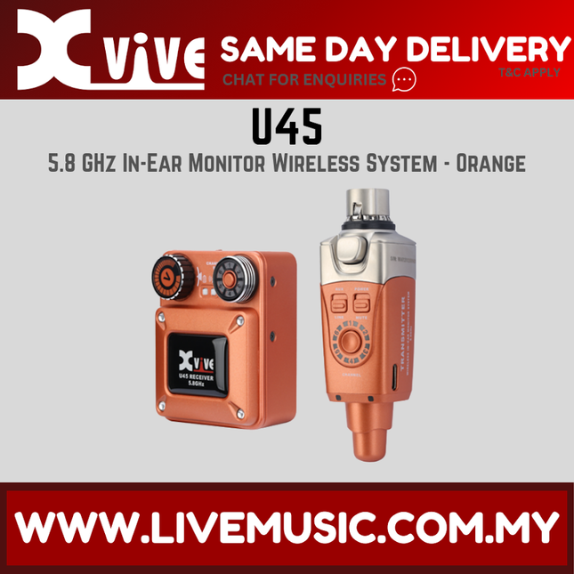 Xvive U45 5.8GHz wireless in-ear monitor set, orange transmitter and receiver