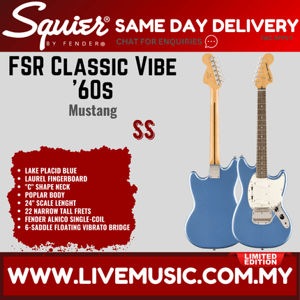 Squier FSR Classic Vibe 60s Mustang Electric Guitar Laurel FB, Lake Placid Blue