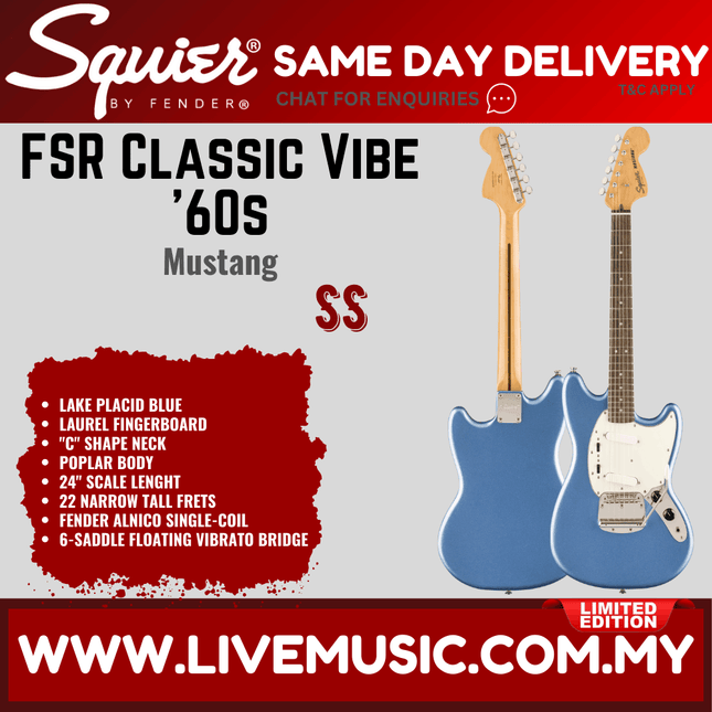 Squier FSR Classic Vibe 60s Mustang Electric Guitar Laurel FB, Lake Placid Blue