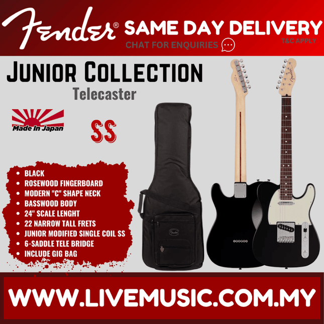 Fender Japan Junior Collection Telecaster Electric Guitar, RW FB, Black
