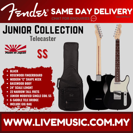 Fender Japan Junior Collection Telecaster Electric Guitar, RW FB, Black