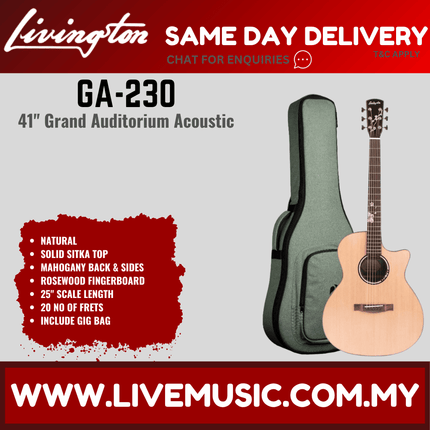 Livingston GA-230 EQ 40" Solid Top Grand Auditorium Acoustic-Electric Guitar, Rosewood FB - Natural ( GA230 GA 230 )