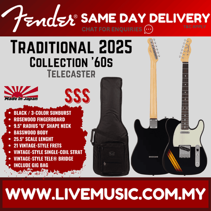 Fender Japan Traditional 2025 Collection 60s Telecaster Guitar, RW FB, Black / 3-Tone Sunburst