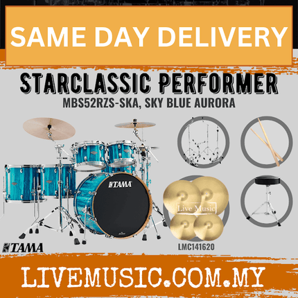 5-piece drum set with cymbals, sky-blue shells and black bass drum head