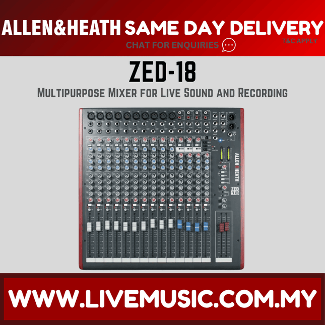 Allen & Heath ZED-18 mixer with USB, dark mixing console with many knobs and faders