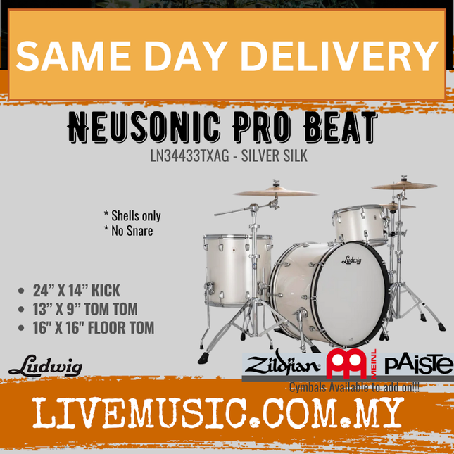 Ludwig LN34433TXAG LN34433TXA8 Neusonic 3-Piece Pro Beat Shell Pack (24B/16F/13T), Ebony Pearl / Silver Silk